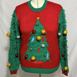 Ugly Christmas Sweater Fuzzy Tree Sleeves Bell Pompoms Green Red Mens Womens XL